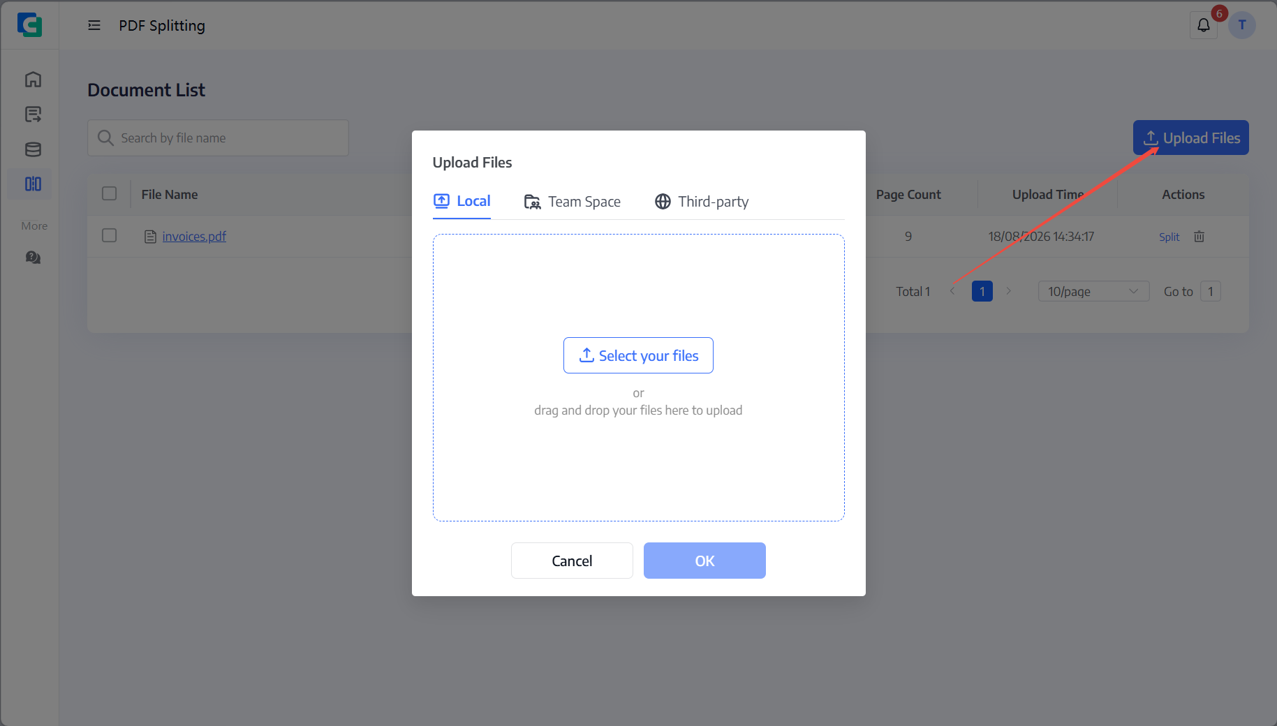 Upload files for splitting