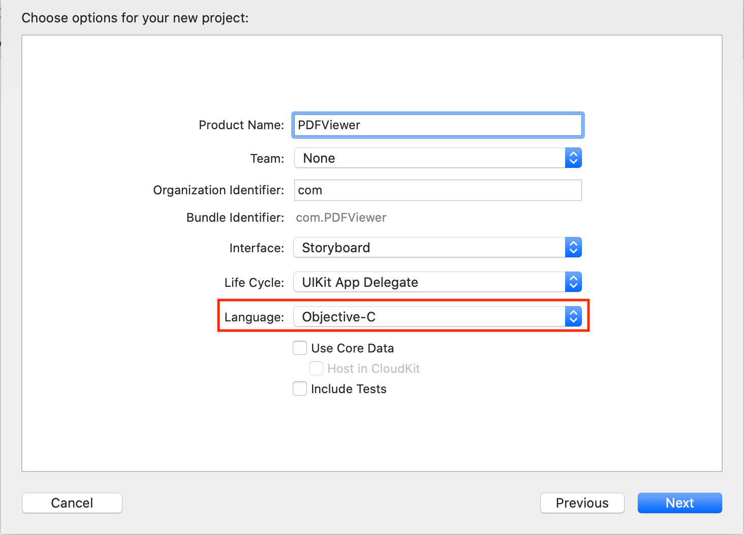 choose Objective- C as the programming language